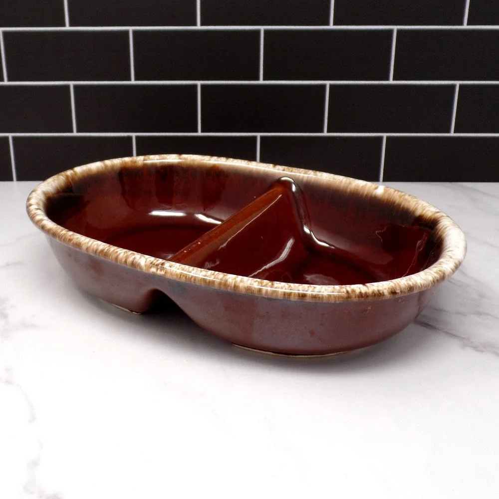 Vintage Hull Brown Drip Divided Platter or Serving Bowl, oven-safe, made in USA